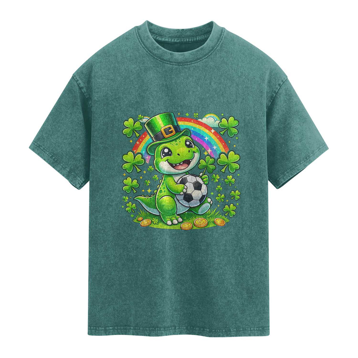 Cute Dinosaur Soccer Player Washed Cotton T-Shirt St Patricks Day Dino Lover