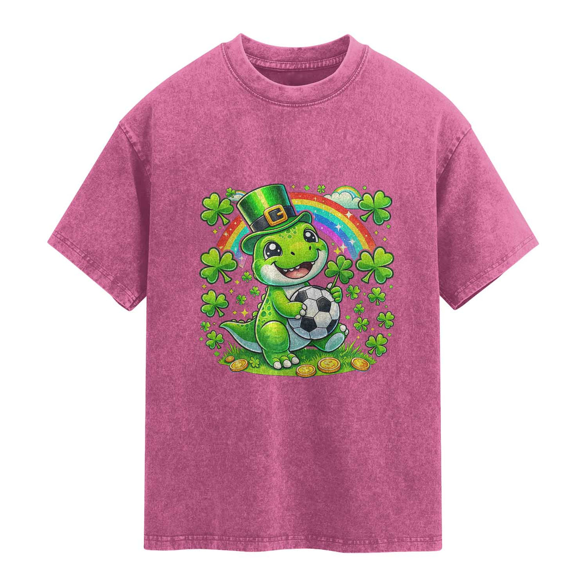 Cute Dinosaur Soccer Player Washed Cotton T-Shirt St Patricks Day Dino Lover