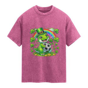 Cute Dinosaur Soccer Player Washed Cotton T-Shirt St Patricks Day Dino Lover