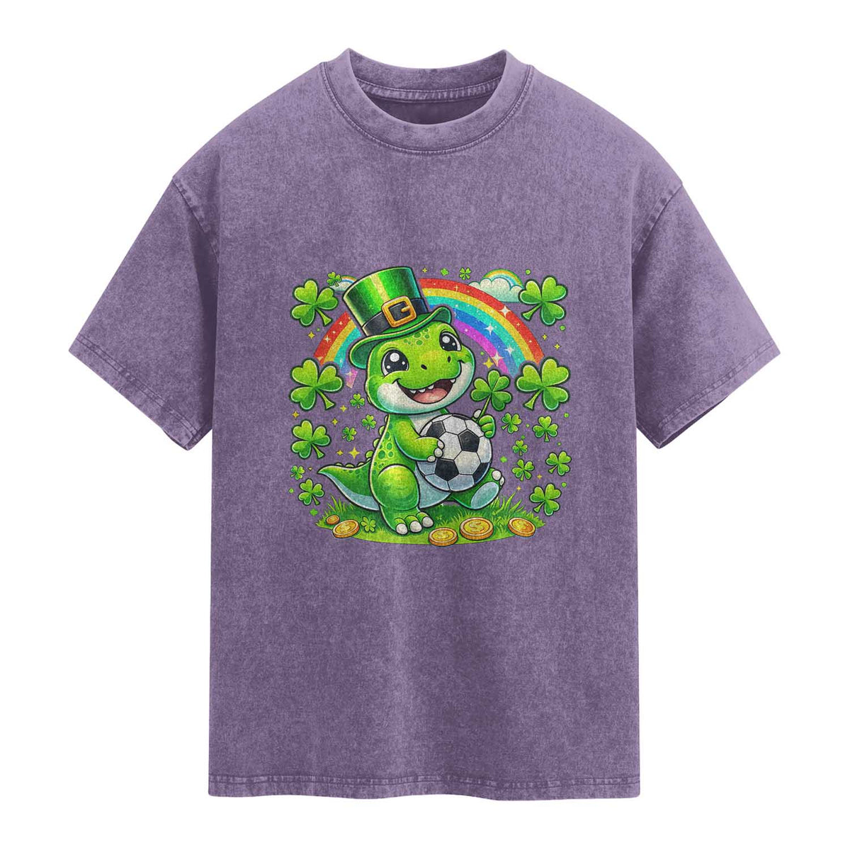 Cute Dinosaur Soccer Player Washed Cotton T-Shirt St Patricks Day Dino Lover