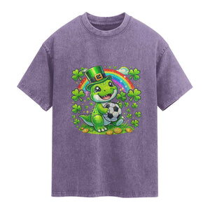 Cute Dinosaur Soccer Player Washed Cotton T-Shirt St Patricks Day Dino Lover