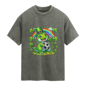 Cute Dinosaur Soccer Player Washed Cotton T-Shirt St Patricks Day Dino Lover