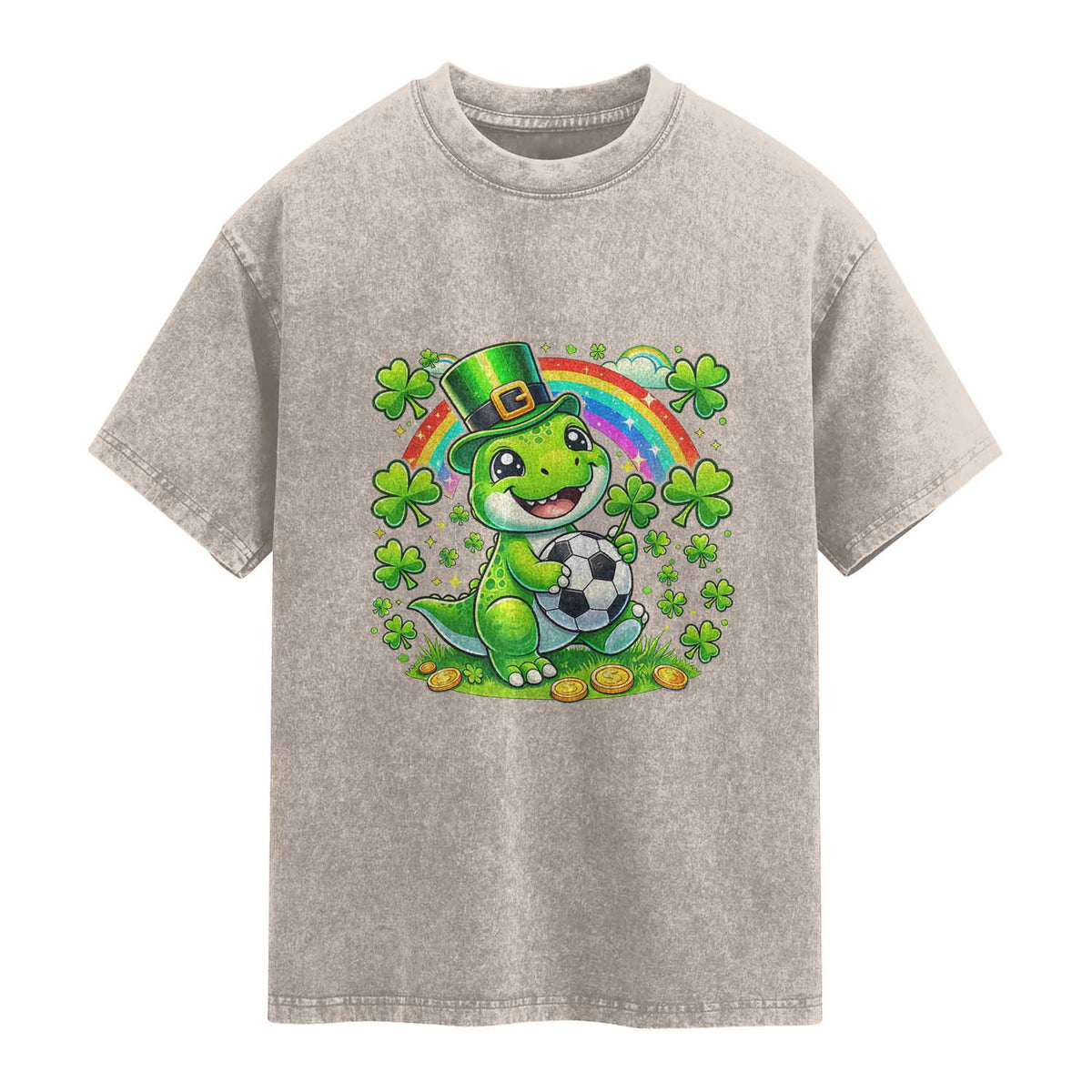Cute Dinosaur Soccer Player Washed Cotton T-Shirt St Patricks Day Dino Lover