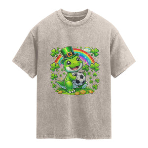 Cute Dinosaur Soccer Player Washed Cotton T-Shirt St Patricks Day Dino Lover