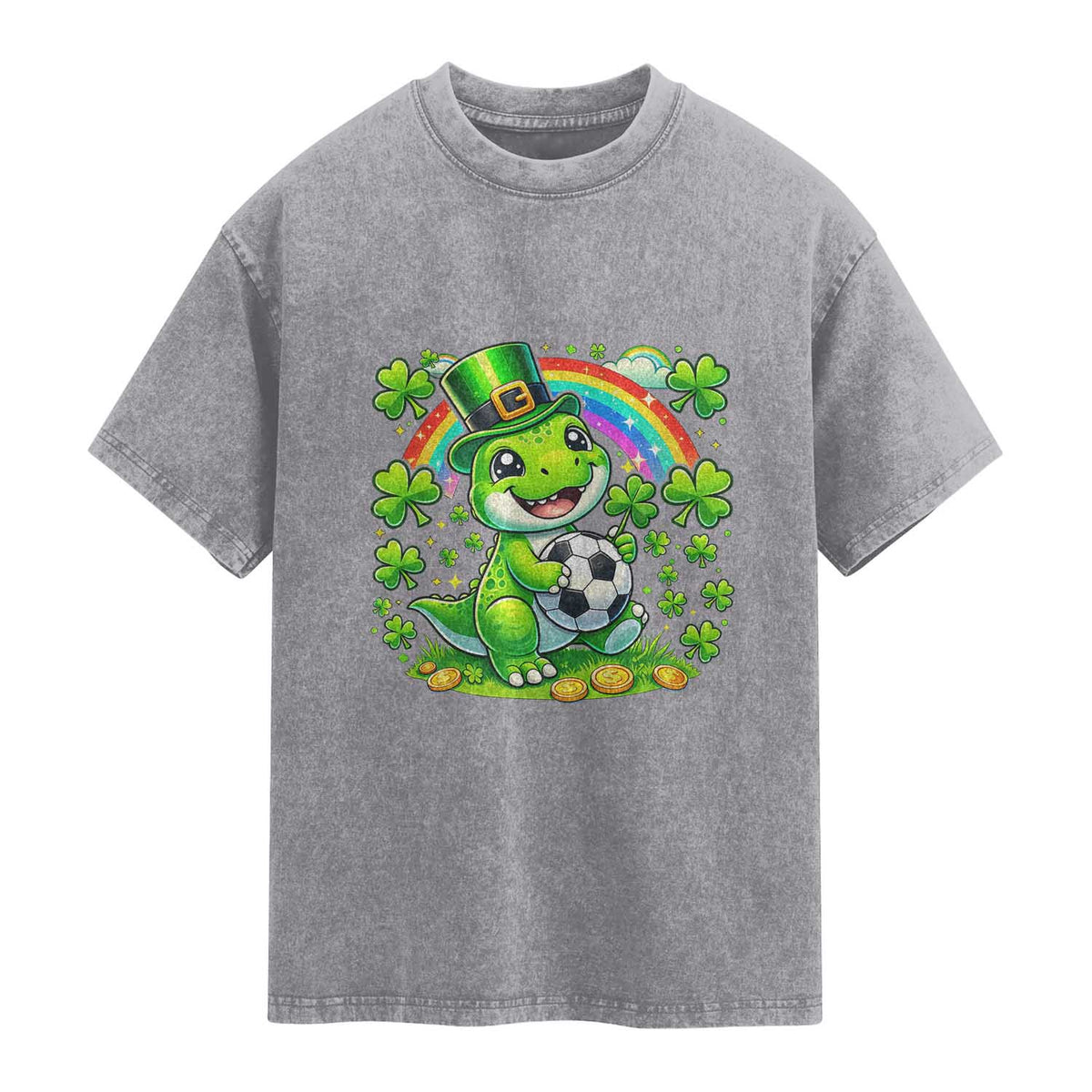 Cute Dinosaur Soccer Player Washed Cotton T-Shirt St Patricks Day Dino Lover