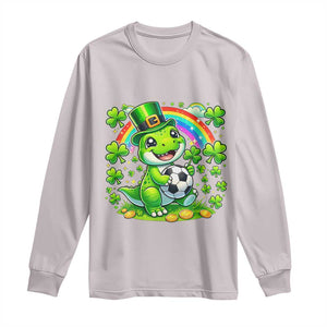 Cute Dinosaur Soccer Player Long Sleeve Shirt St Patricks Day Dino Lover TS12 Ice Gray Print Your Wear