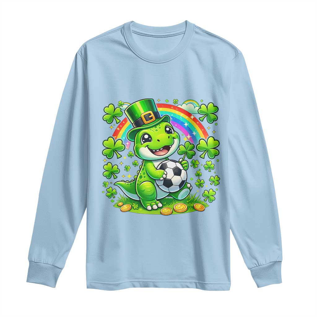 Cute Dinosaur Soccer Player Long Sleeve Shirt St Patricks Day Dino Lover TS12 Light Blue Print Your Wear