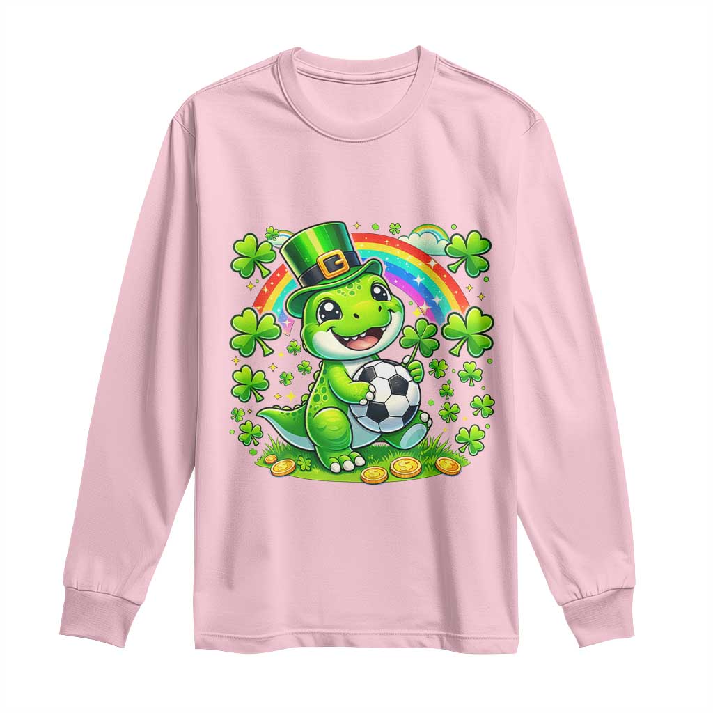Cute Dinosaur Soccer Player Long Sleeve Shirt St Patricks Day Dino Lover TS12 Light Pink Print Your Wear