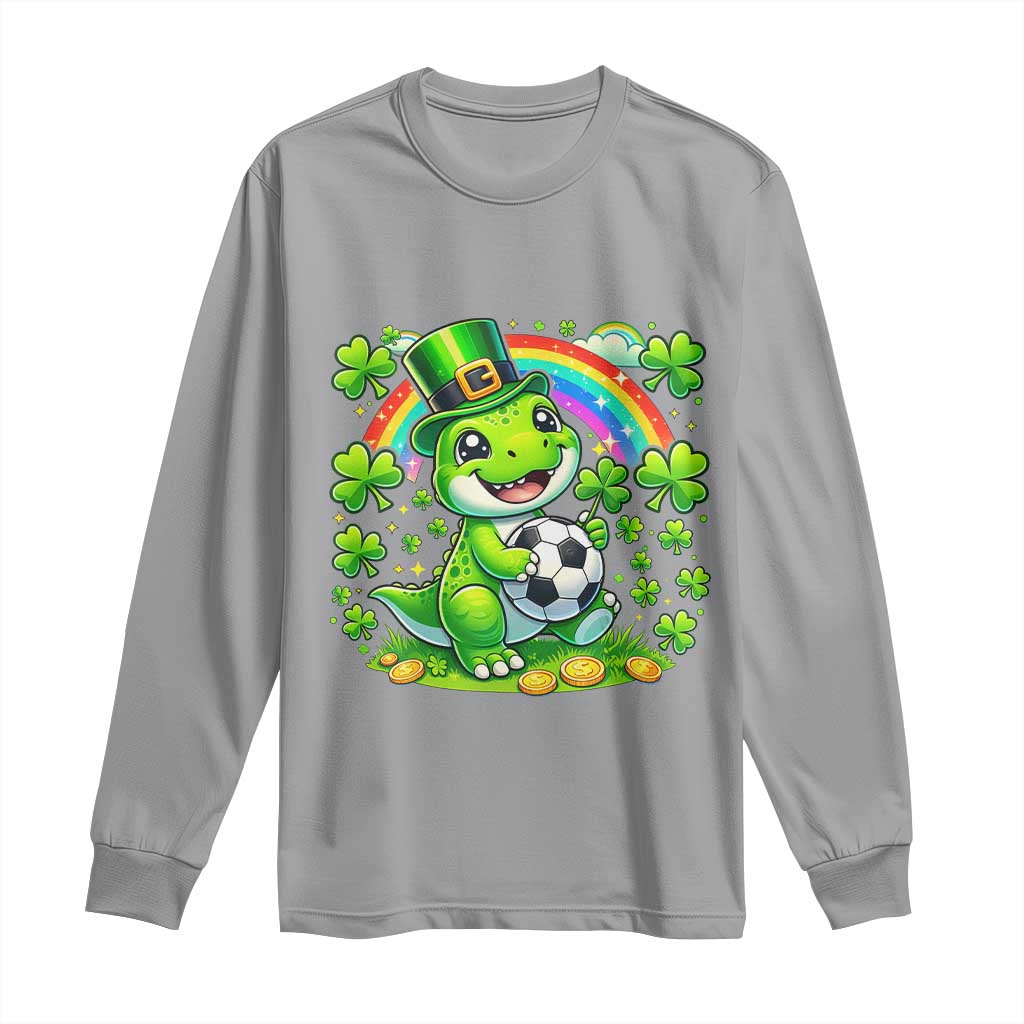 Cute Dinosaur Soccer Player Long Sleeve Shirt St Patricks Day Dino Lover TS12 Sport Gray Print Your Wear