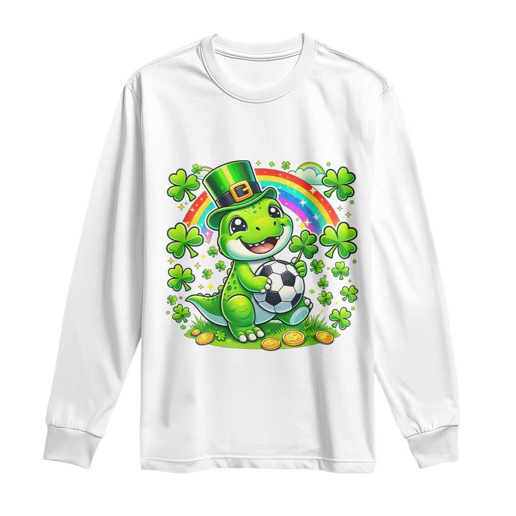 Cute Dinosaur Soccer Player Long Sleeve Shirt St Patricks Day Dino Lover TS12 White Print Your Wear