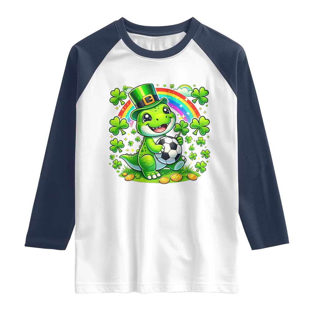 Cute Dinosaur Soccer Player Raglan Shirt St Patricks Day Dino Lover TS12 White Navy Print Your Wear