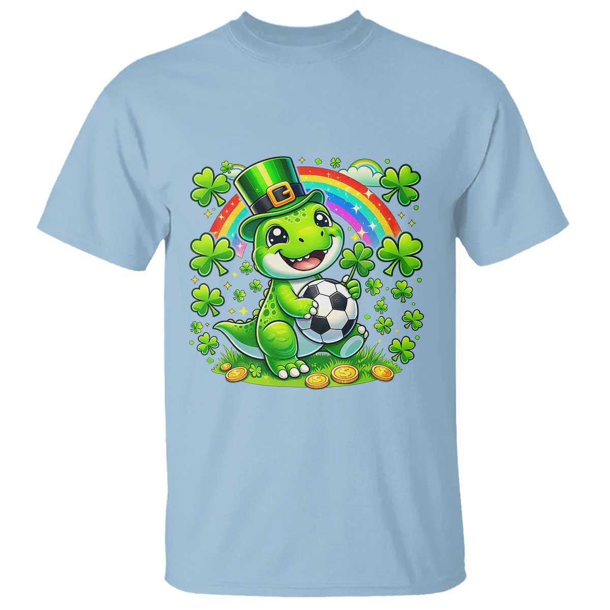 Cute Dinosaur Soccer Player T Shirt St Patricks Day Dino Lover TS12 Light Blue Print Your Wear