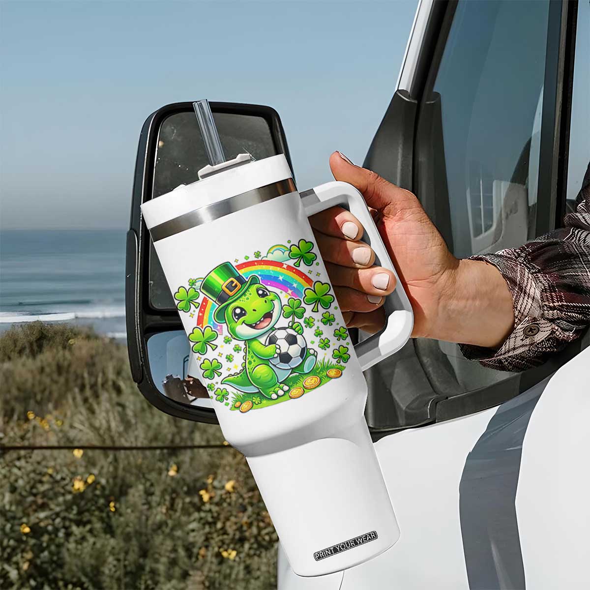 Cute Dinosaur Soccer Player Tumbler With Handle St Patricks Day Dino Lover TS12 Print Your Wear