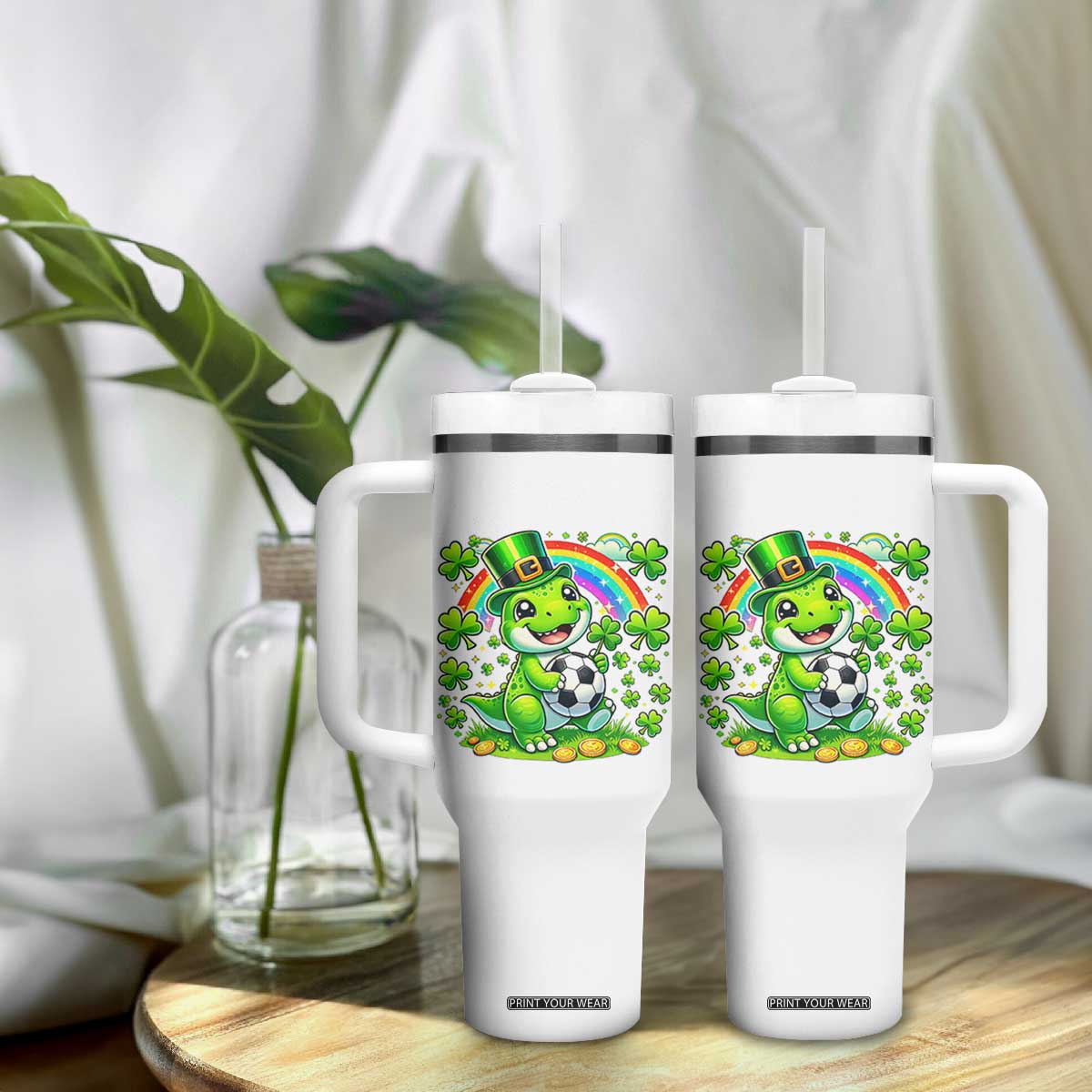 Cute Dinosaur Soccer Player Tumbler With Handle St Patricks Day Dino Lover TS12 Print Your Wear