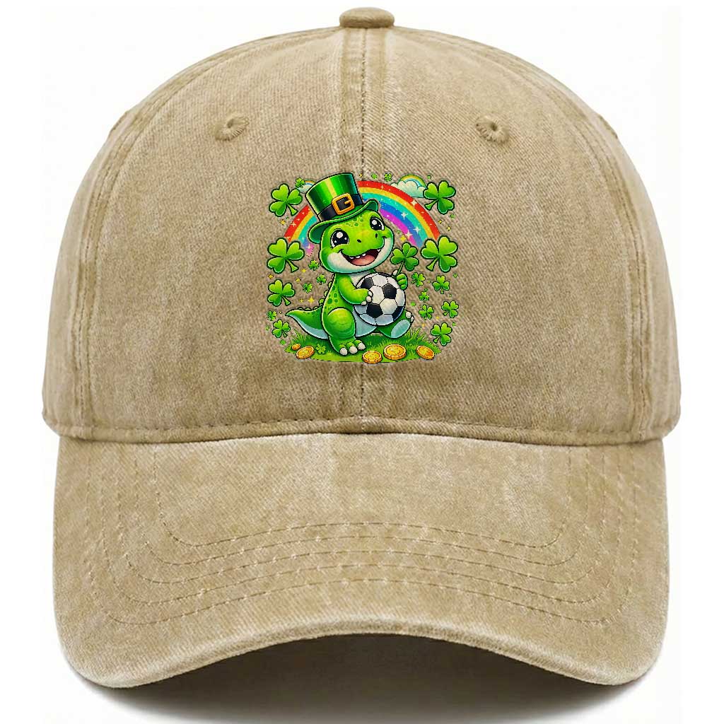 Cute Dinosaur Soccer Player Washed Cotton Baseball Cap St Patricks Day Dino Lover TS12 Print Your Wear