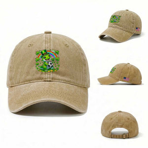 Cute Dinosaur Soccer Player Washed Cotton Baseball Cap St Patricks Day Dino Lover TS12 Washed Cap Universal Fit Khaki Print Your Wear