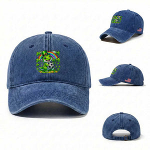 Cute Dinosaur Soccer Player Washed Cotton Baseball Cap St Patricks Day Dino Lover TS12 Washed Cap Universal Fit Royal Blue Print Your Wear