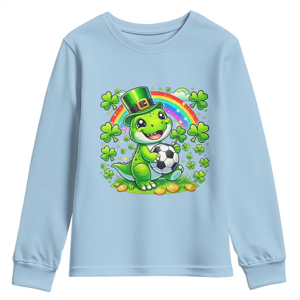 Cute Dinosaur Soccer Player Youth Sweatshirt St Patricks Day Dino Lover TS12 Light Blue Print Your Wear