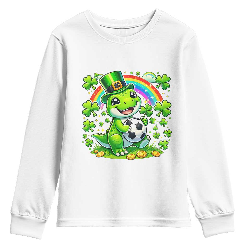 Cute Dinosaur Soccer Player Youth Sweatshirt St Patricks Day Dino Lover TS12 White Print Your Wear