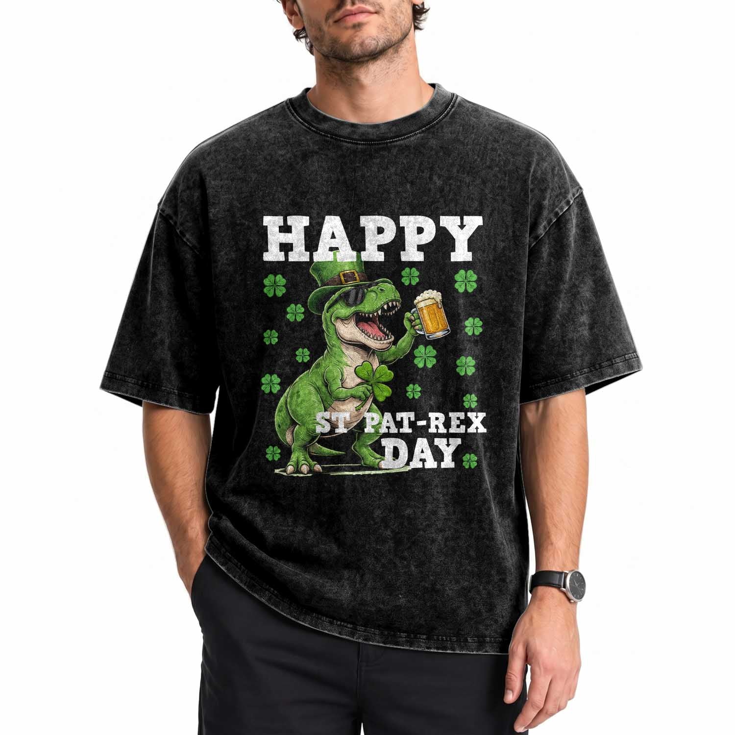Happy St Pat Rex Day Washed Cotton T-Shirt Funny Dinosaur Drinking Beer