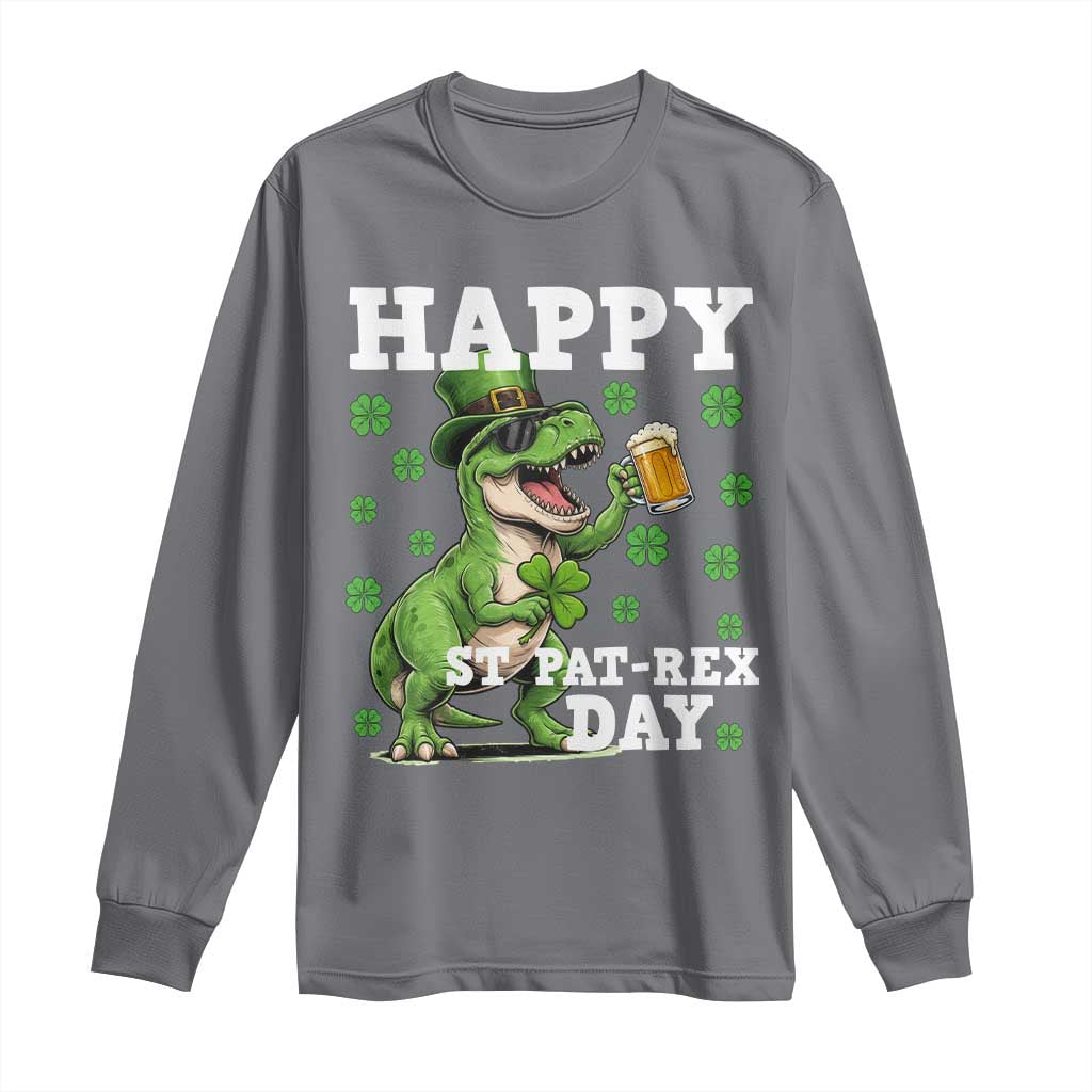 Happy St Pat Rex Day Long Sleeve Shirt Funny Dinosaur Drinking Beer TS12 Charcoal Print Your Wear