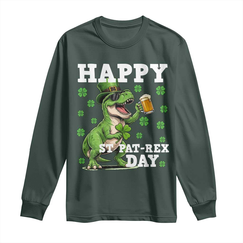 Happy St Pat Rex Day Long Sleeve Shirt Funny Dinosaur Drinking Beer TS12 Dark Forest Green Print Your Wear