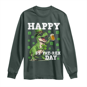 Happy St Pat Rex Day Long Sleeve Shirt Funny Dinosaur Drinking Beer TS12 Dark Forest Green Print Your Wear