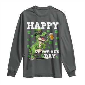 Happy St Pat Rex Day Long Sleeve Shirt Funny Dinosaur Drinking Beer TS12 Dark Heather Print Your Wear