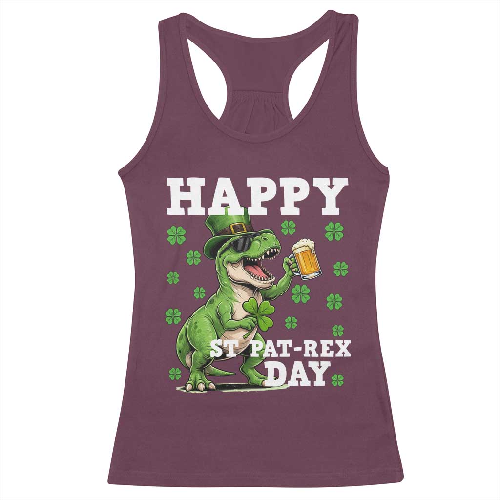 Happy St Pat Rex Day Racerback Tank Top Funny Dinosaur Drinking Beer TS12 Maroon Print Your Wear