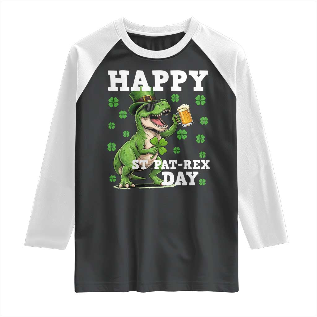 Happy St Pat Rex Day Raglan Shirt Funny Dinosaur Drinking Beer TS12 Black White Print Your Wear