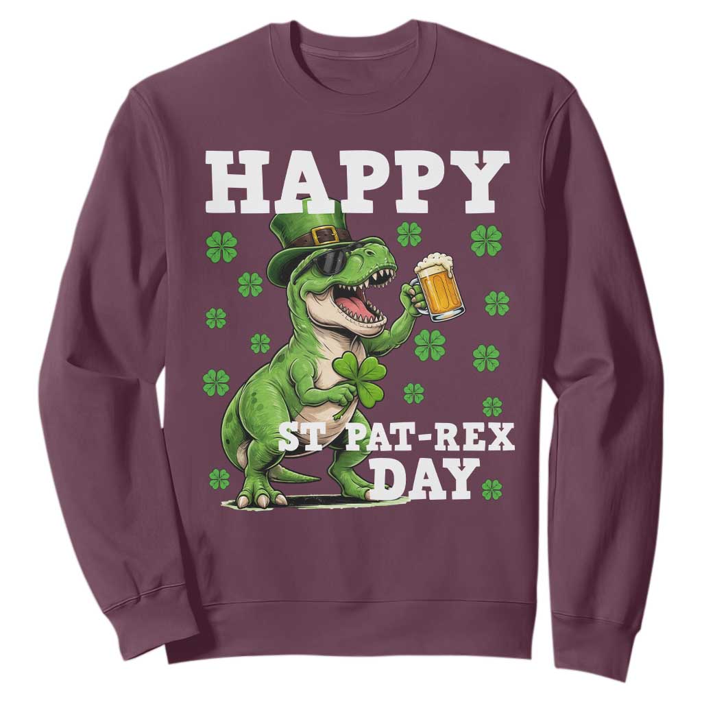 Happy St Pat Rex Day Sweatshirt Funny Dinosaur Drinking Beer TS12 Maroon Print Your Wear