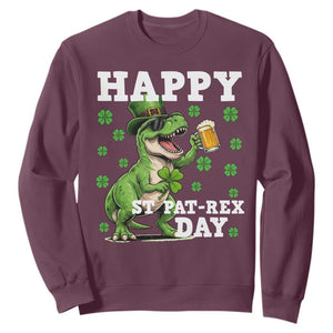 Happy St Pat Rex Day Sweatshirt Funny Dinosaur Drinking Beer TS12 Maroon Print Your Wear