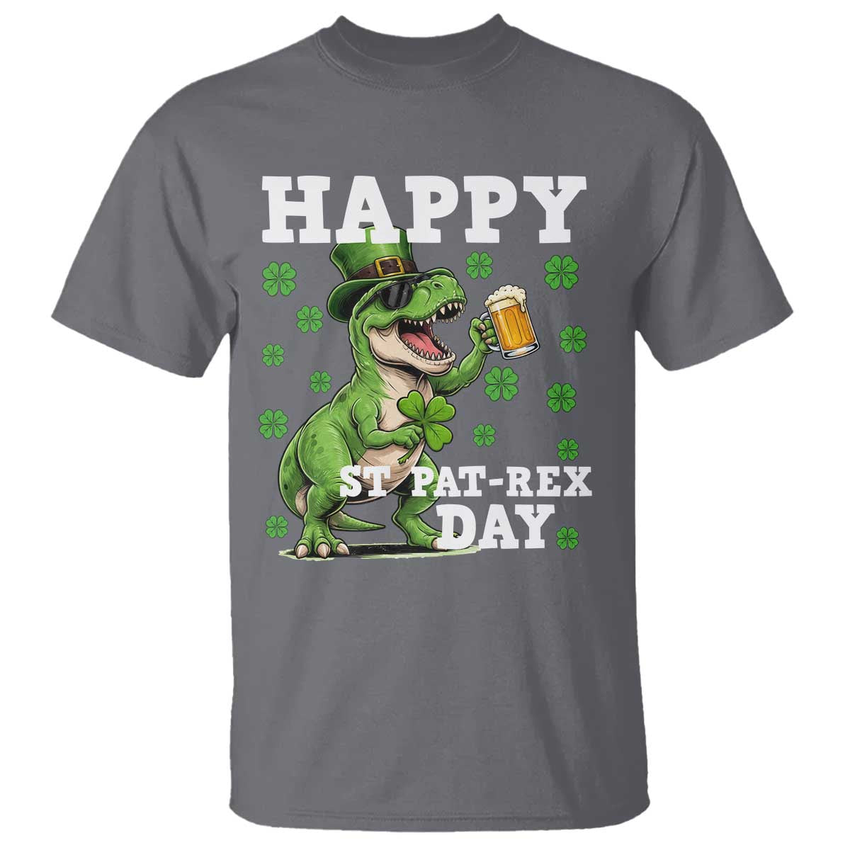 Happy St Pat Rex Day T Shirt Funny Dinosaur Drinking Beer TS12 Charcoal Print Your Wear