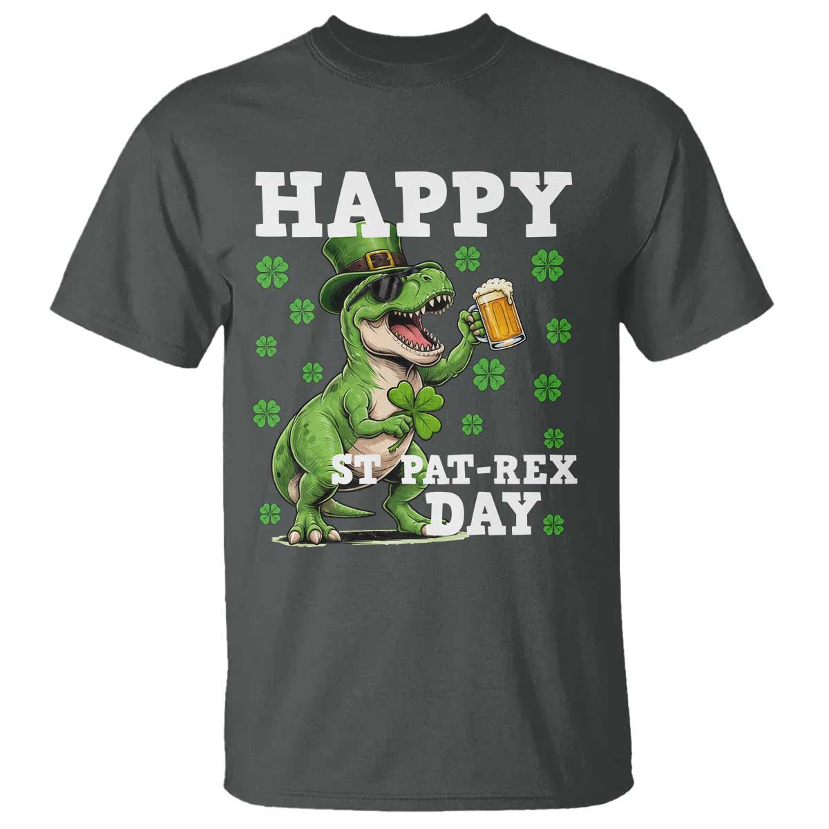 Happy St Pat Rex Day T Shirt Funny Dinosaur Drinking Beer TS12 Dark Heather Print Your Wear