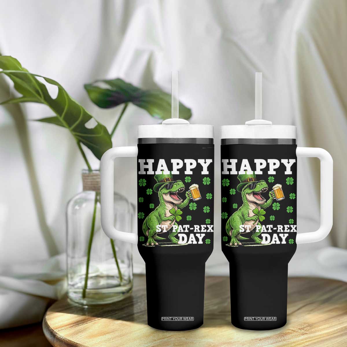 Happy St Pat Rex Day Tumbler With Handle Funny Dinosaur Drinking Beer TS12 Print Your Wear