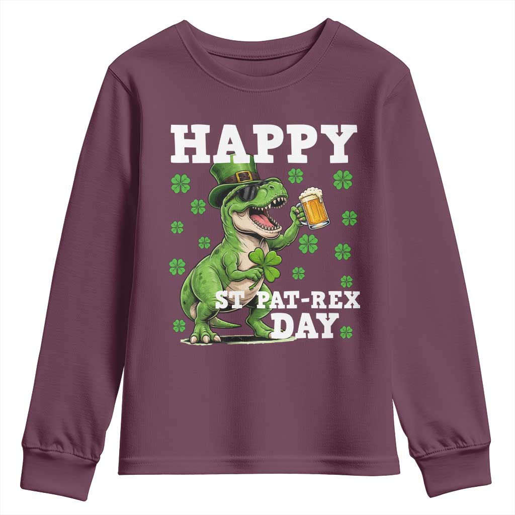 Happy St Pat Rex Day Youth Sweatshirt Funny Dinosaur Drinking Beer TS12 Maroon Print Your Wear