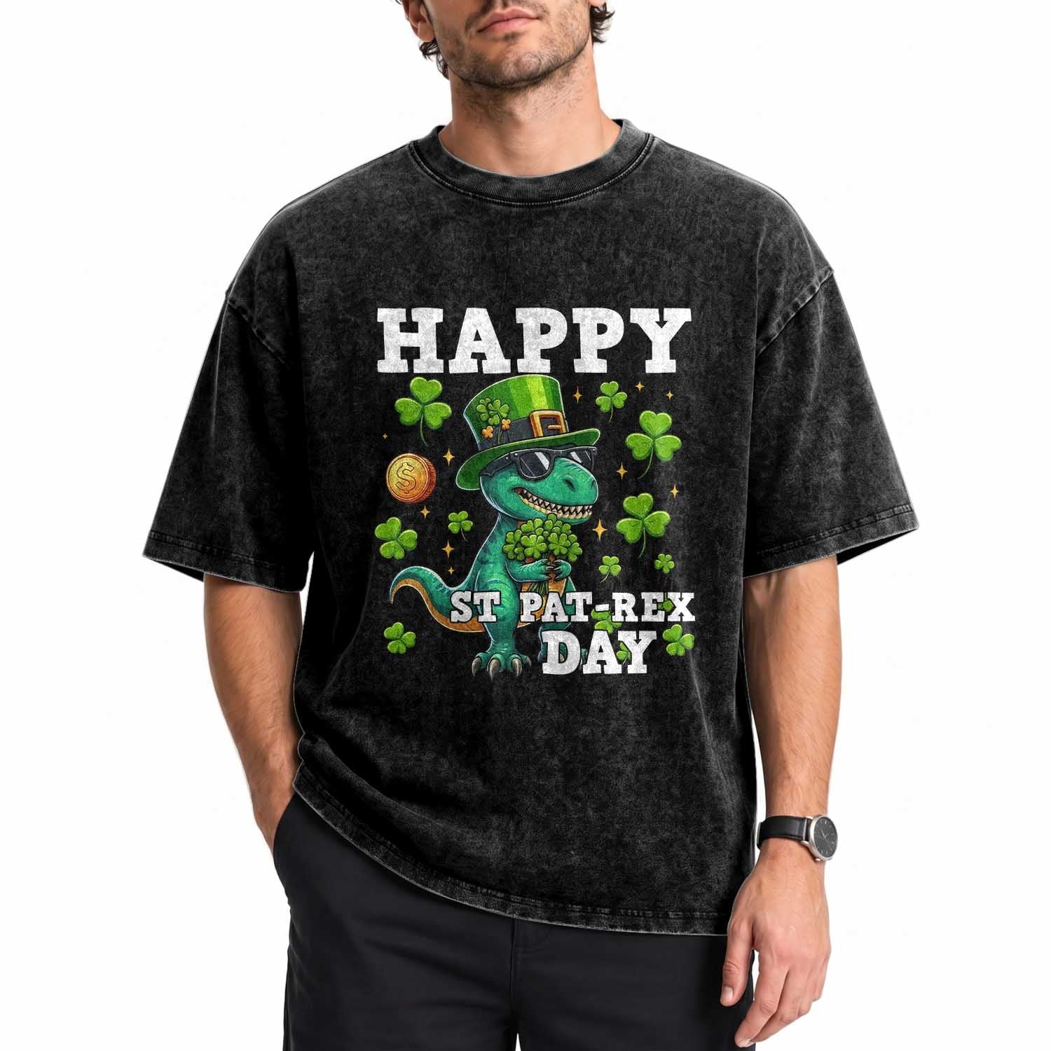 Happy St Pat Rex Day Washed Cotton T-Shirt St Patricks Day Dino Lover
