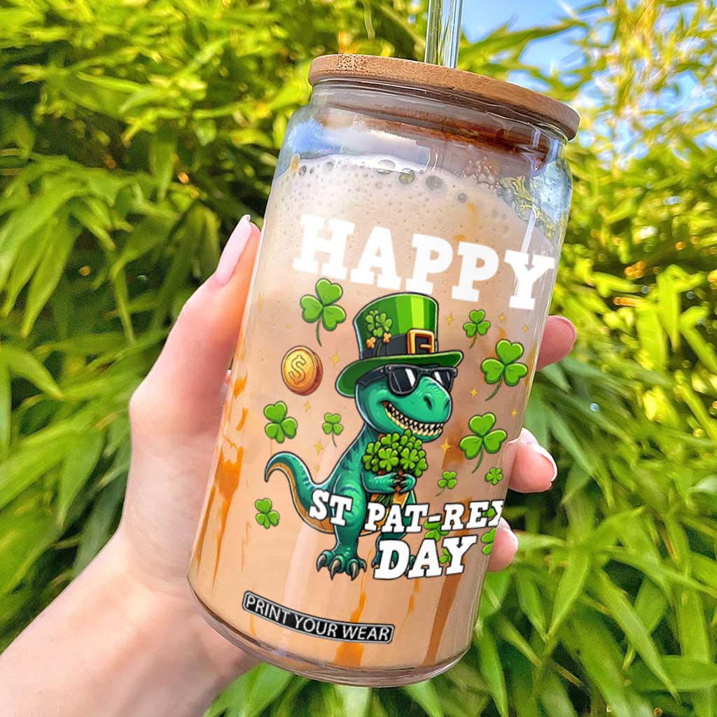 Happy St Pat Rex Day Glass Can St Patricks Day Dino Lover TS12 Black Print Your Wear