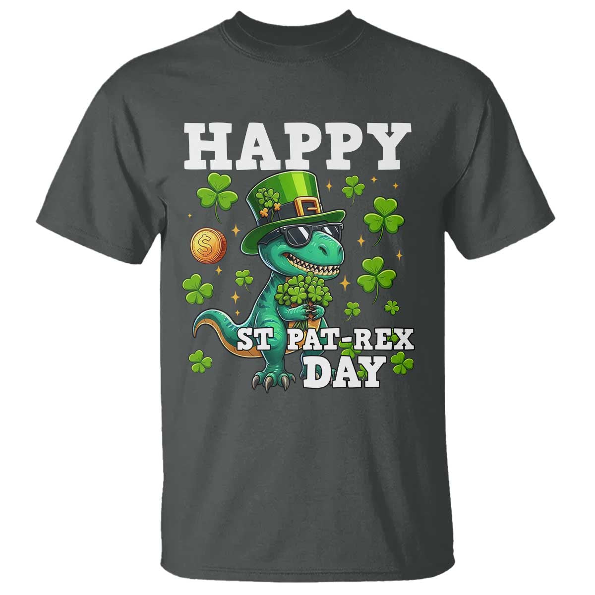 Happy St Pat Rex Day T Shirt St Patricks Day Dino Lover TS12 Dark Heather Print Your Wear