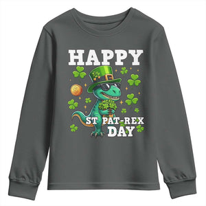 Happy St Pat Rex Day Youth Sweatshirt St Patricks Day Dino Lover TS12 Dark Heather Print Your Wear