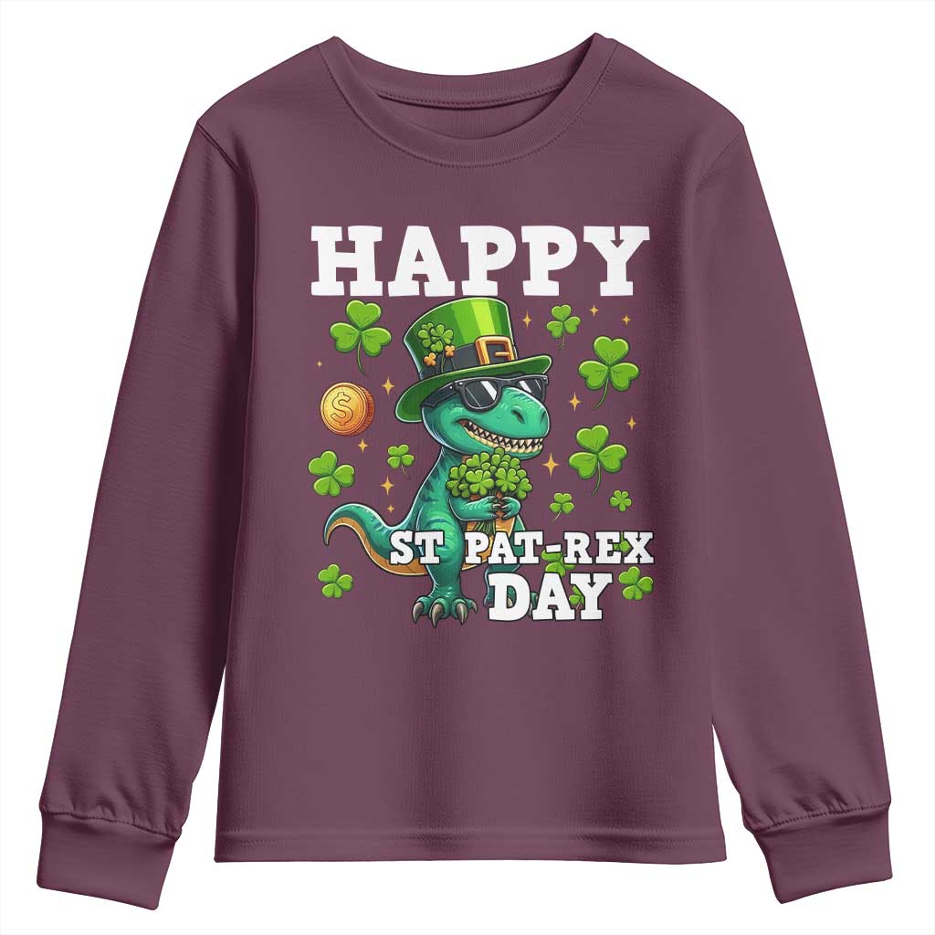 Happy St Pat Rex Day Youth Sweatshirt St Patricks Day Dino Lover TS12 Maroon Print Your Wear