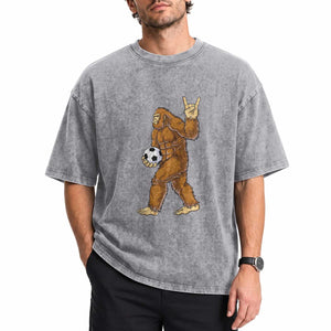 Funny Bigfoot Soccer Player Washed Cotton T-Shirt Folklore Cryptid Gift