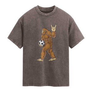 Funny Bigfoot Soccer Player Washed Cotton T-Shirt Folklore Cryptid Gift