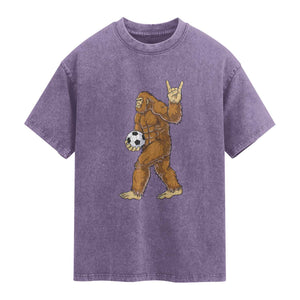 Funny Bigfoot Soccer Player Washed Cotton T-Shirt Folklore Cryptid Gift