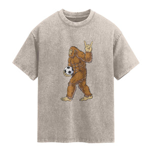 Funny Bigfoot Soccer Player Washed Cotton T-Shirt Folklore Cryptid Gift