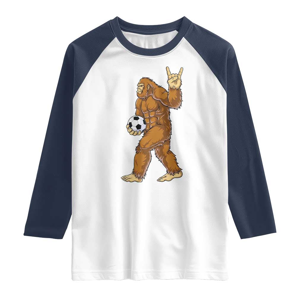 Funny Bigfoot Soccer Player Raglan Shirt Folklore Cryptid Gift TS12 White Navy Print Your Wear