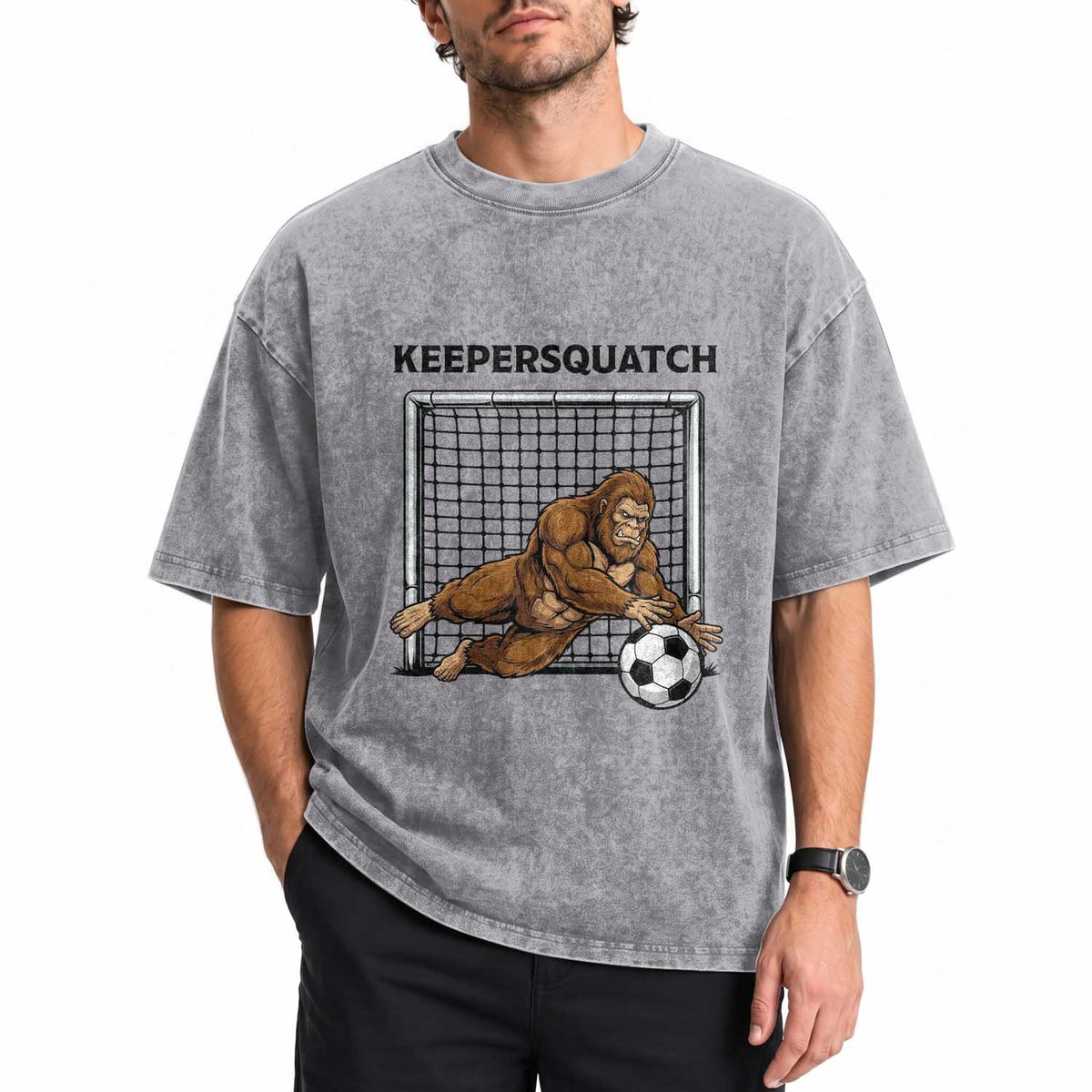 Funny Bigfoot Soccer Goalkeeper Washed Cotton T-Shirt Keepersquatch