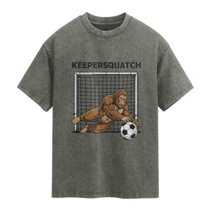Funny Bigfoot Soccer Goalkeeper Washed Cotton T-Shirt Keepersquatch