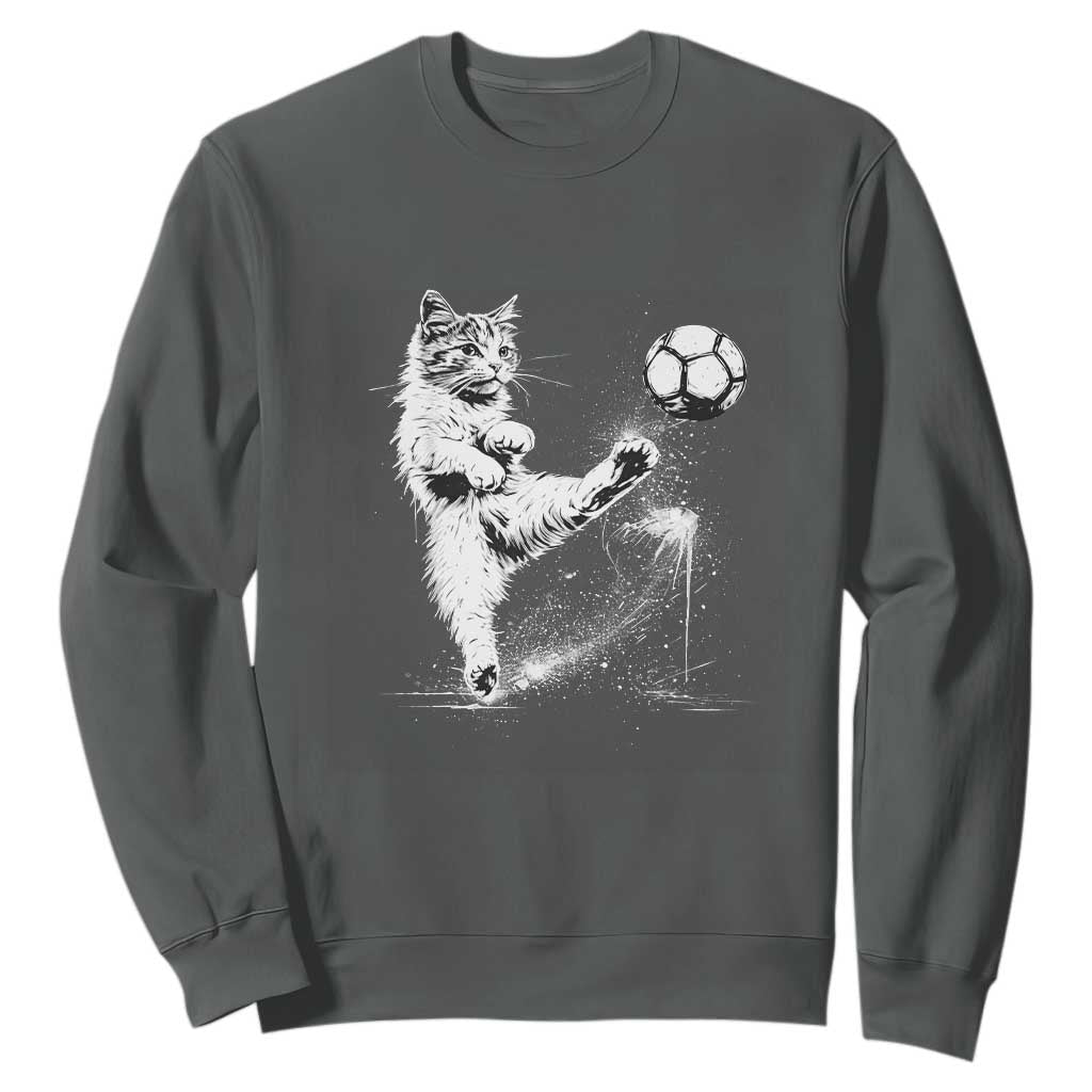 Cat Playing Soccer Sweatshirt Funny Cat Lover Gift TS12 Dark Heather Print Your Wear