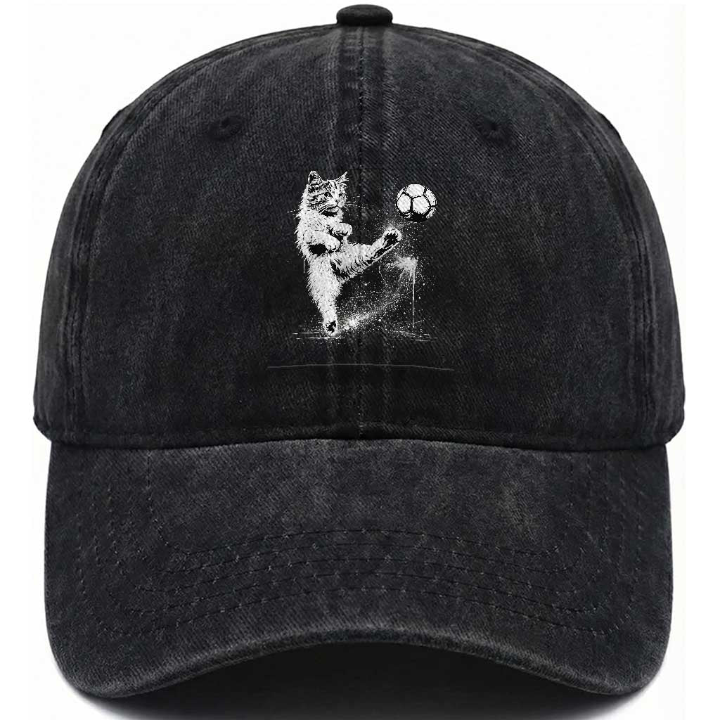 Cat Playing Soccer Washed Cotton Baseball Cap Funny Cat Lover Gift TS12 Print Your Wear